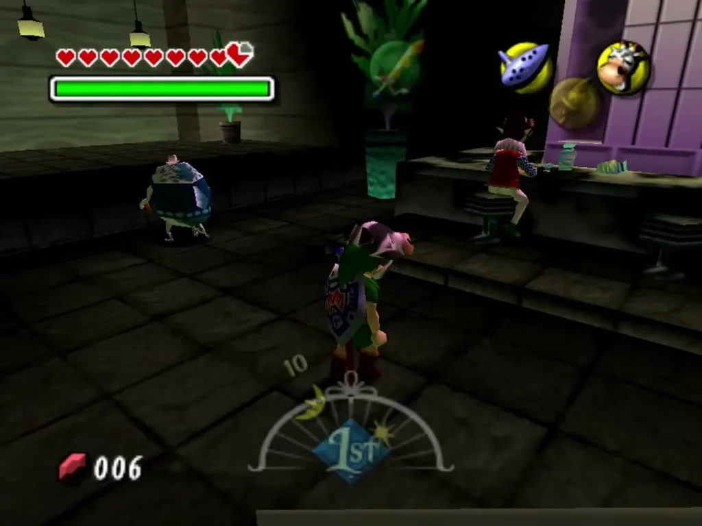 Link wearing Romani's Mask inside the Milk Bar, with patrons by the counter and bar stools Link wearing Romani's Mask inside the Milk Bar, with patrons by the counter and bar stools