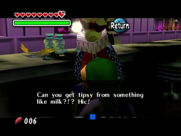 A patron at the Milk Bar counter asking whether you can get tipsy from milk, beside bottles on the bar A patron at the Milk Bar counter asking whether you can get tipsy from milk, beside bottles on the bar