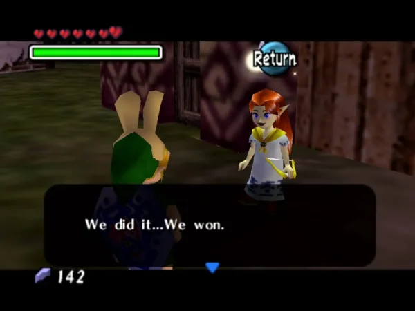 Romani at the ranch house door telling Link we did it, we won, as dawn breaks Romani at the ranch house door telling Link we did it, we won, as dawn breaks