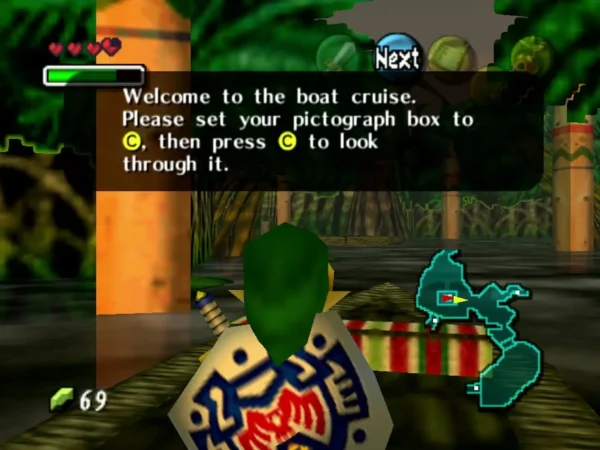 The guide welcomes Link to the swamp boat cruise as he rides the boat with the pictograph box ready The guide welcomes Link to the swamp boat cruise as he rides the boat with the pictograph box ready