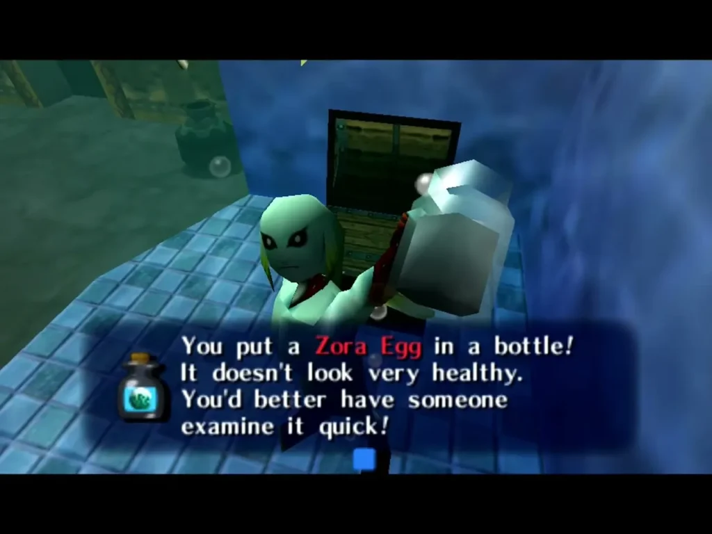 Zora Link holds up a bottle holding a Zora Egg beside an open chest, the box warning it needs an examiner quick Zora Link holds up a bottle holding a Zora Egg beside an open chest, the box warning it needs an examiner quick