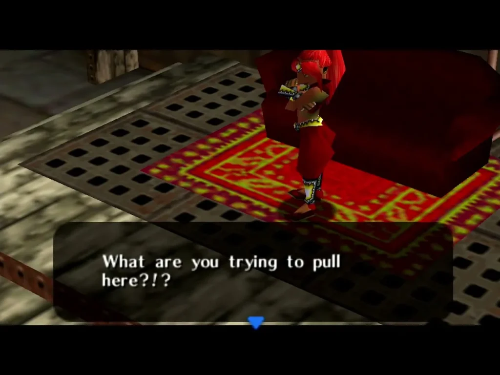 Aveil, the red-haired pirate leader, standing by her couch demanding what Link is trying to pull Aveil, the red-haired pirate leader, standing by her couch demanding what Link is trying to pull