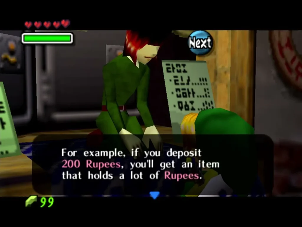 The Banker explaining that a deposit of 200 Rupees earns an item that holds a lot of Rupees The Banker explaining that a deposit of 200 Rupees earns an item that holds a lot of Rupees