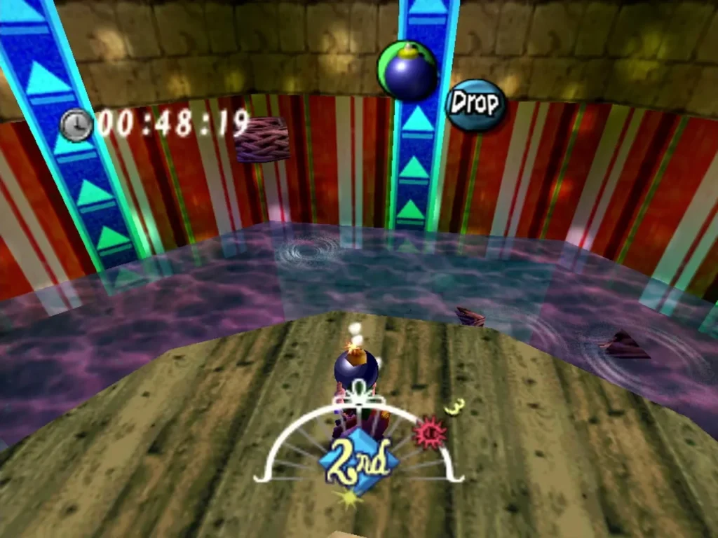 Link with a bomb in hand on the Basket Bomb game floor, the shop timer counting down Link with a bomb in hand on the Basket Bomb game floor, the shop timer counting down