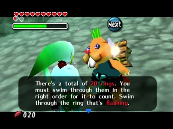 Zora Link listens as a beaver explains the swim course has 20 rings to pass in the right order Zora Link listens as a beaver explains the swim course has 20 rings to pass in the right order