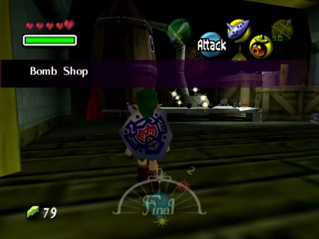 Link walking into the Bomb Shop interior with the shop name across the screen Link walking into the Bomb Shop interior with the shop name across the screen