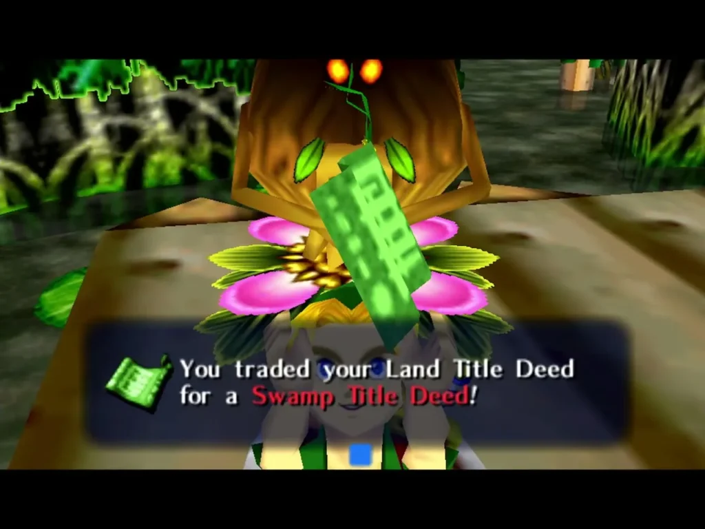 Business Scrub on his pink flower beside the Swamp Title Deed, with the trade message below Business Scrub on his pink flower beside the Swamp Title Deed, with the trade message below