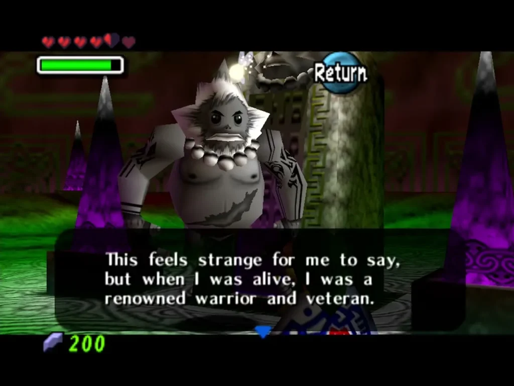 Darmani's ghost in the Goron Graveyard saying he was a renowned warrior and veteran Darmani's ghost in the Goron Graveyard saying he was a renowned warrior and veteran