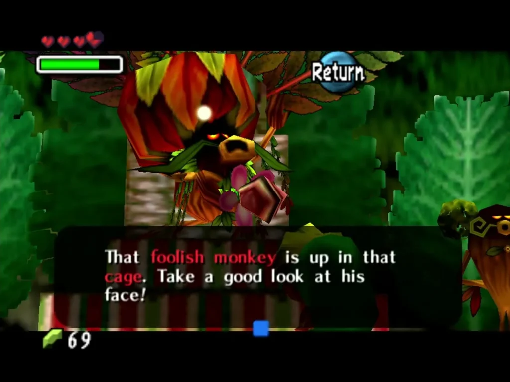 Deku King in the Royal Chamber telling Link to take a good look at the foolish monkey in the cage Deku King in the Royal Chamber telling Link to take a good look at the foolish monkey in the cage