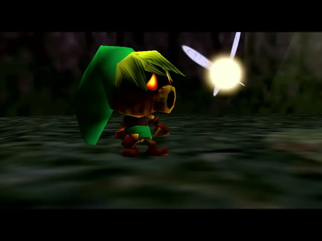 Link cursed into a Deku Scrub standing on the dark grass with a fairy glowing nearby Link cursed into a Deku Scrub standing on the dark grass with a fairy glowing nearby
