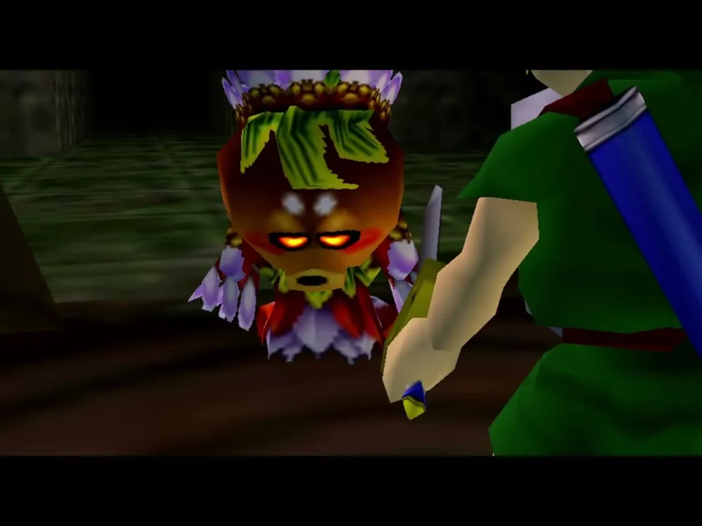 Deku Princess with a leafy headdress close to Link, who holds his shield and sword Deku Princess with a leafy headdress close to Link, who holds his shield and sword