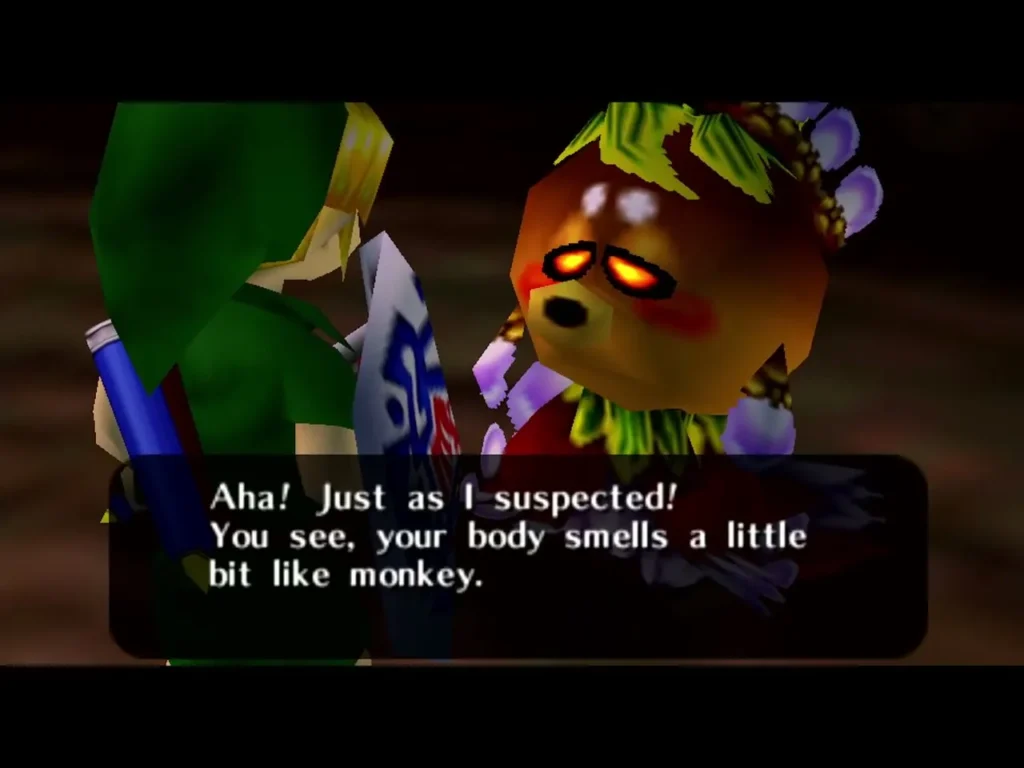 Deku Princess with glowing orange eyes speaking to Link, saying he smells a little like a monkey Deku Princess with glowing orange eyes speaking to Link, saying he smells a little like a monkey