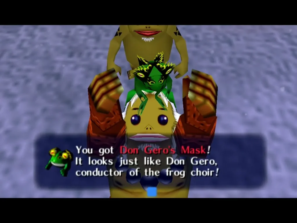 Goron Link holding up Don Gero's Mask with the message box beneath it Goron Link holding up Don Gero's Mask with the message box beneath it