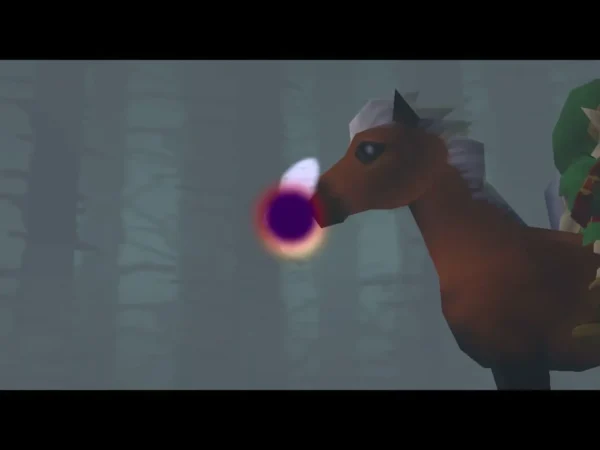 Epona, Link's brown horse, stands in a misty forest with a fairy by her nose Epona, Link's brown horse, stands in a misty forest with a fairy by her nose