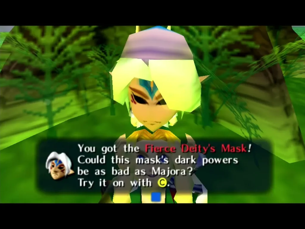 Link in a green forest wearing the Fierce Deity's Mask under a box asking if its dark powers could match Majora's Link in a green forest wearing the Fierce Deity's Mask under a box asking if its dark powers could match Majora's