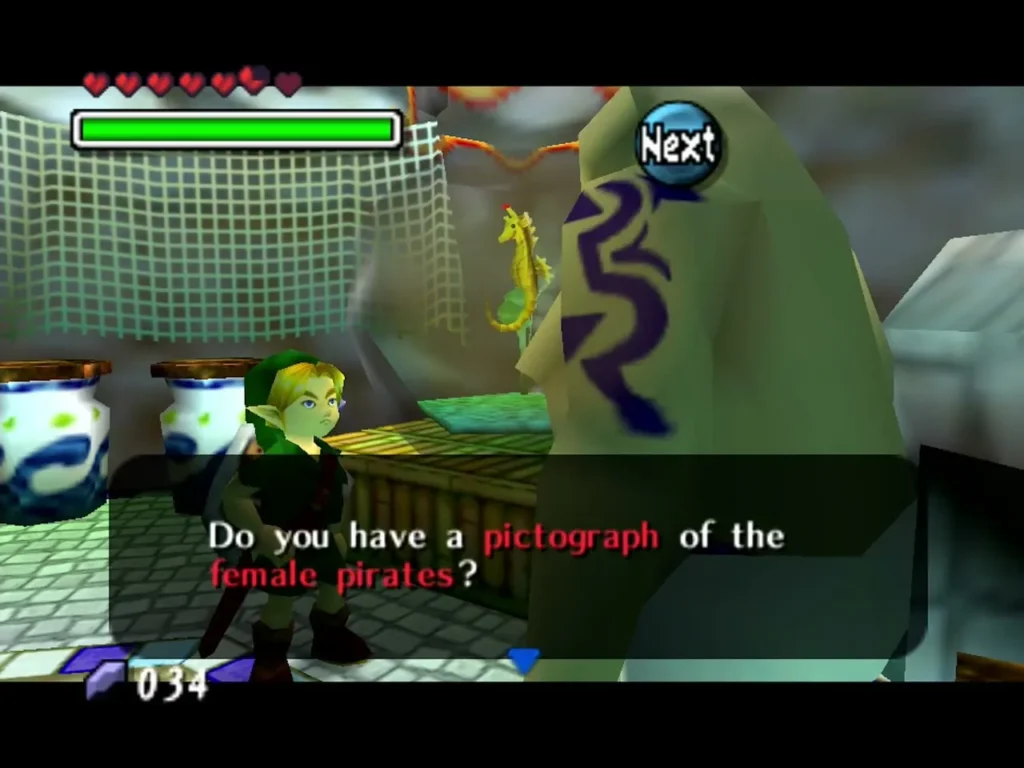 Link stands in the Fisherman's hut as the Fisherman asks for a pictograph of the female pirates Link stands in the Fisherman's hut as the Fisherman asks for a pictograph of the female pirates