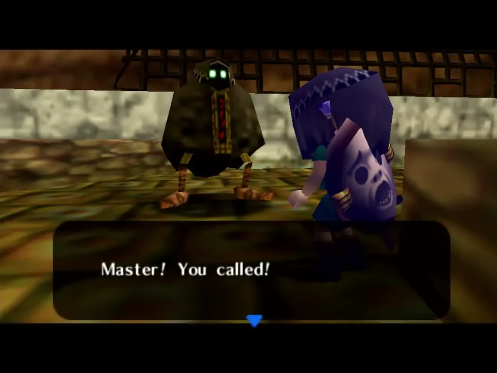 A green-eyed, cloaked Garo ghost in Ikana speaks to Link beside a purple companion A green-eyed, cloaked Garo ghost in Ikana speaks to Link beside a purple companion