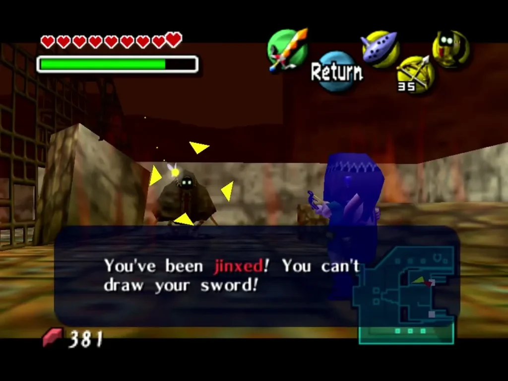 A cloaked Garo ghost with yellow markers jinxes Link so he cannot draw his sword A cloaked Garo ghost with yellow markers jinxes Link so he cannot draw his sword
