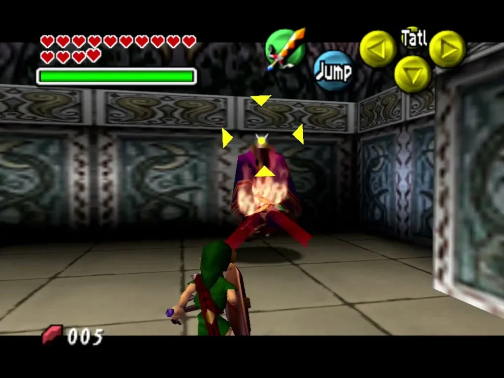 The Garo Master with crossed flaming arms is targeted by Link in the stone chamber The Garo Master with crossed flaming arms is targeted by Link in the stone chamber