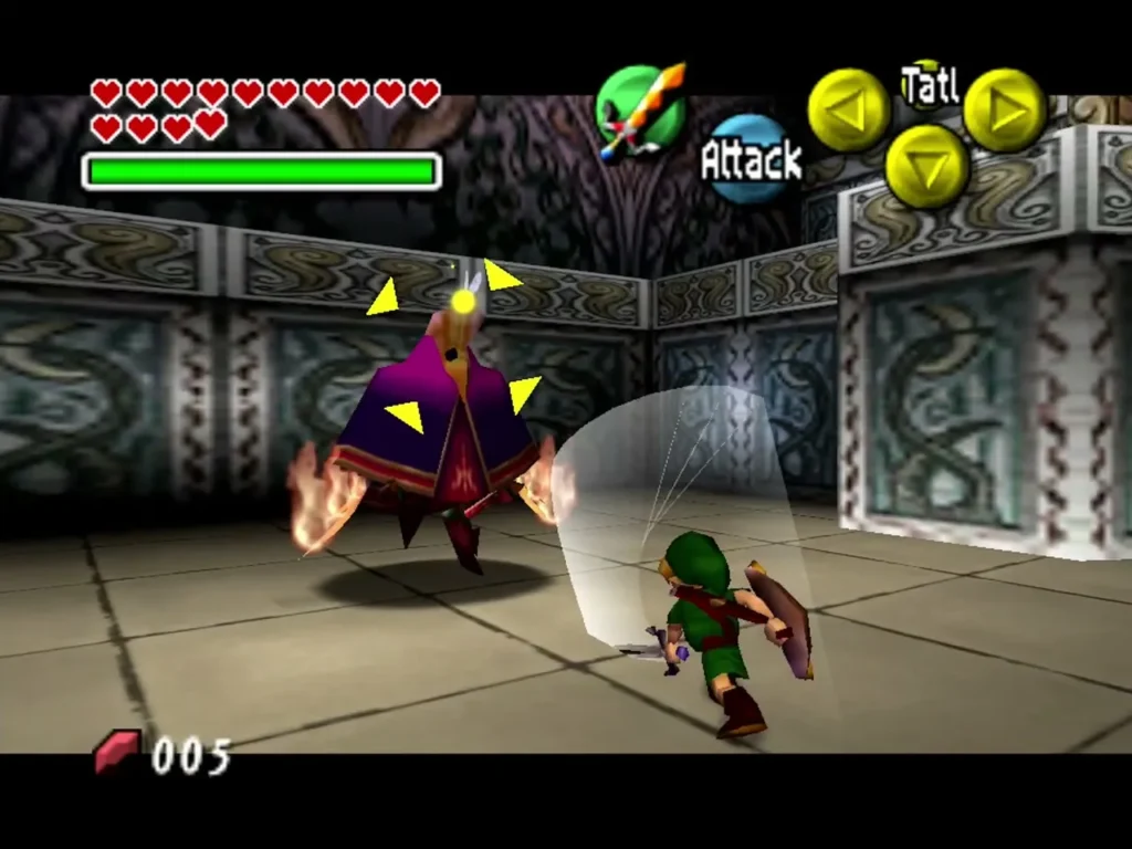 Link slashes at the purple-cloaked Garo Master with flaming hands in a tiled stone room Link slashes at the purple-cloaked Garo Master with flaming hands in a tiled stone room