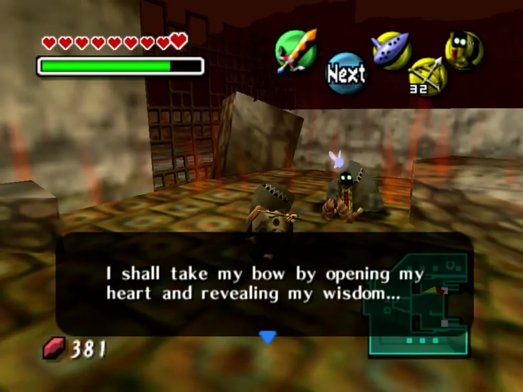 A Garo ghost in Ikana Castle speaks to Link, saying he will take his bow by opening his heart A Garo ghost in Ikana Castle speaks to Link, saying he will take his bow by opening his heart