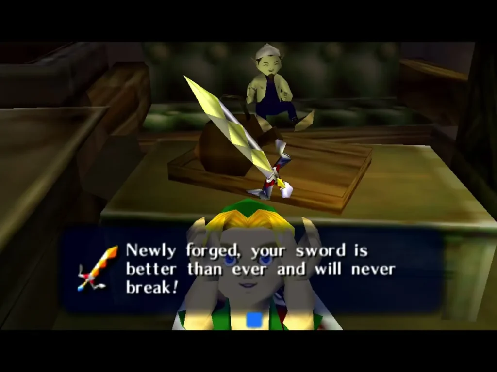 Link holding up the newly forged Gilded Sword with the message that it will never break Link holding up the newly forged Gilded Sword with the message that it will never break