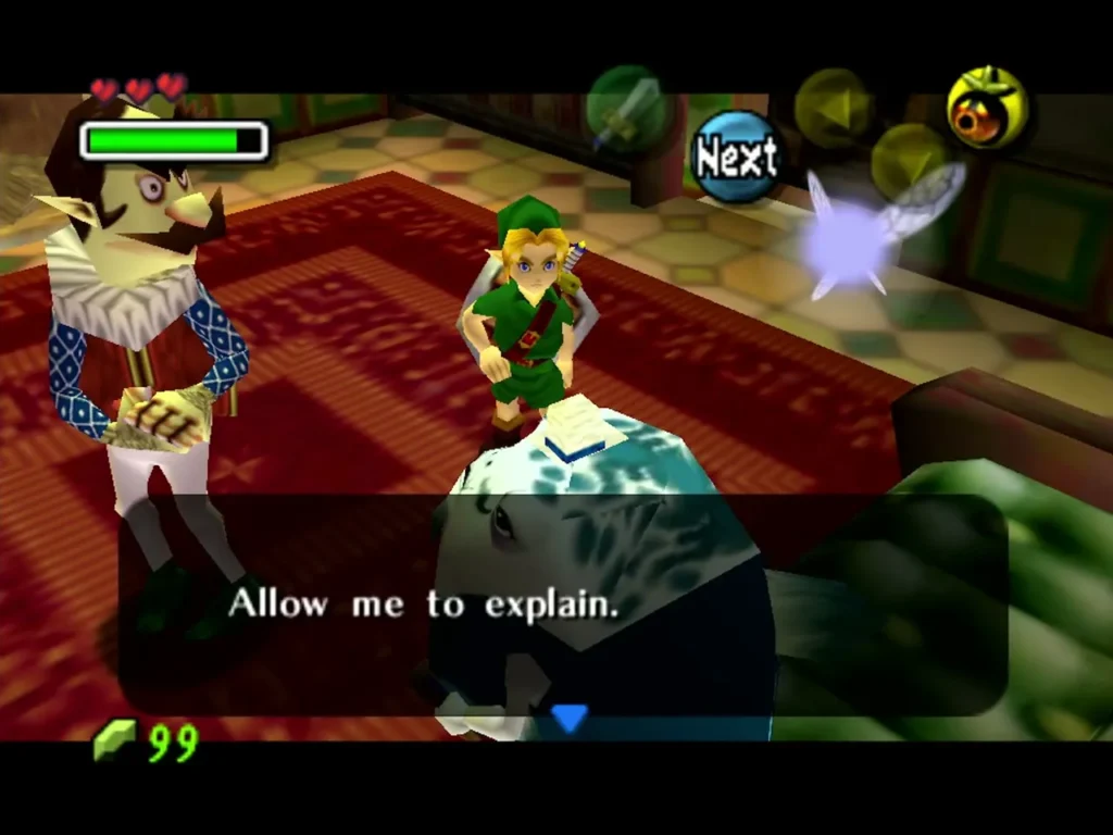 Gorman in a dialogue box asking Link to allow him to explain, with Link standing nearby Gorman in a dialogue box asking Link to allow him to explain, with Link standing nearby