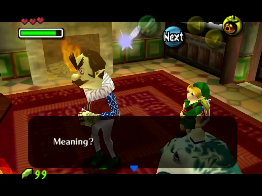 Gorman in front of a lit fireplace with Link standing beside him Gorman in front of a lit fireplace with Link standing beside him