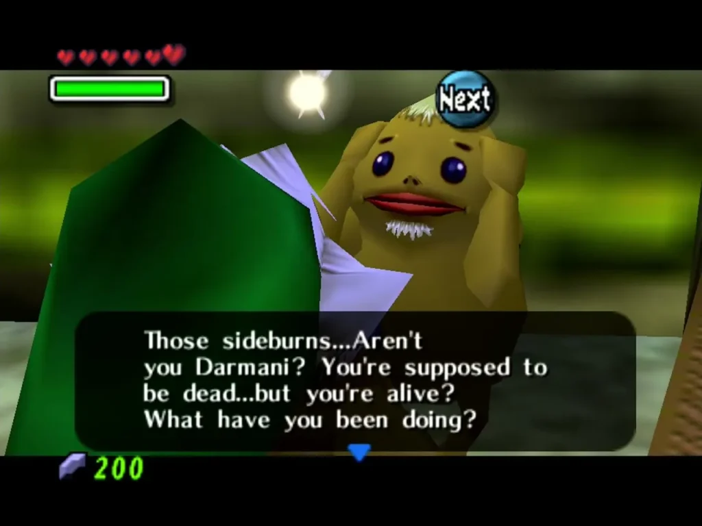 A bearded Goron in Snowhead asks Link whether he is Darmani, supposed to be dead A bearded Goron in Snowhead asks Link whether he is Darmani, supposed to be dead