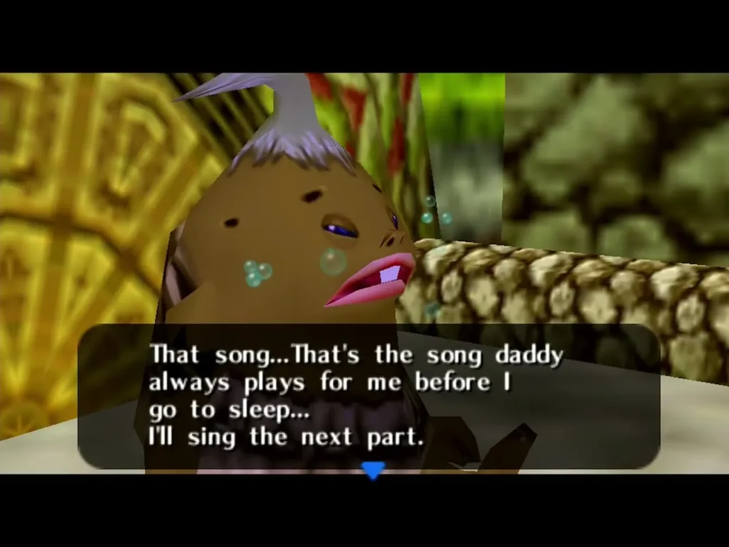 A Goron child with tears says the song is the one his daddy plays before he goes to sleep A Goron child with tears says the song is the one his daddy plays before he goes to sleep