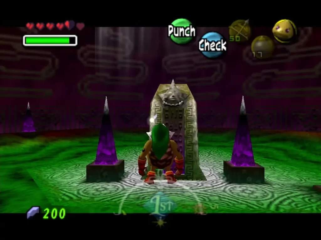 Goron Link facing a stone gravestone door in the Goron Graveyard, Punch button shown Goron Link facing a stone gravestone door in the Goron Graveyard, Punch button shown