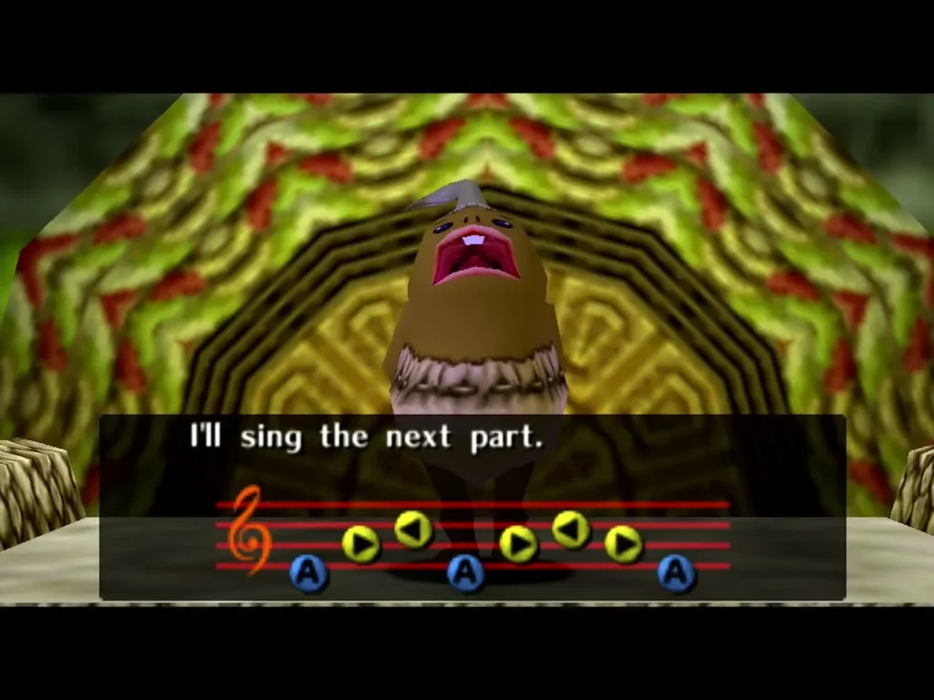 A Goron singing in the shrine with the next notes of the Goron Lullaby shown on screen A Goron singing in the shrine with the next notes of the Goron Lullaby shown on screen