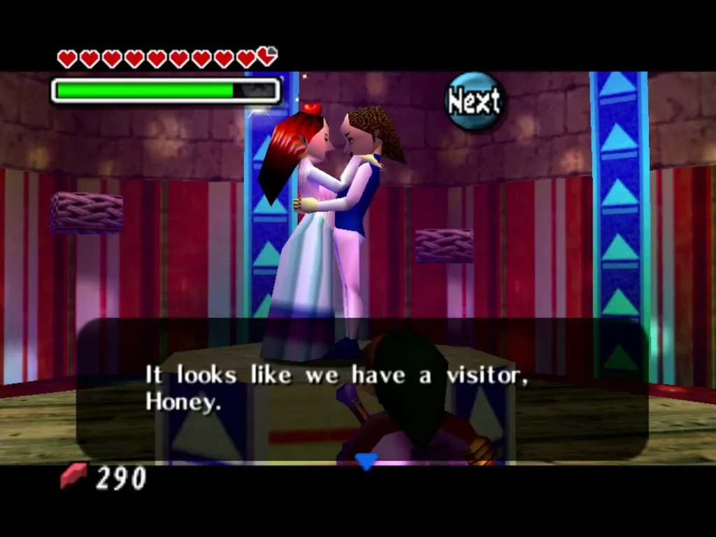 Honey and Darling embracing in their shop, with a dialogue box about a visitor Honey and Darling embracing in their shop, with a dialogue box about a visitor