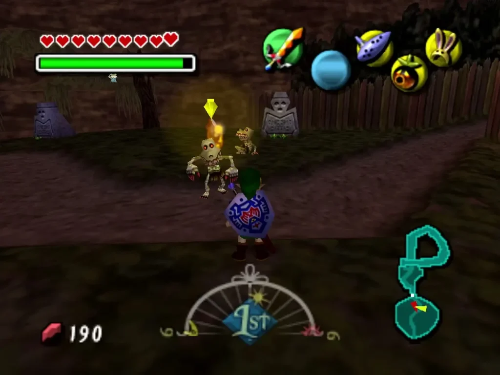 Link with his shield raised faces a hostile Stalchild holding a flame among the graves of Ikana Graveyard Link with his shield raised faces a hostile Stalchild holding a flame among the graves of Ikana Graveyard