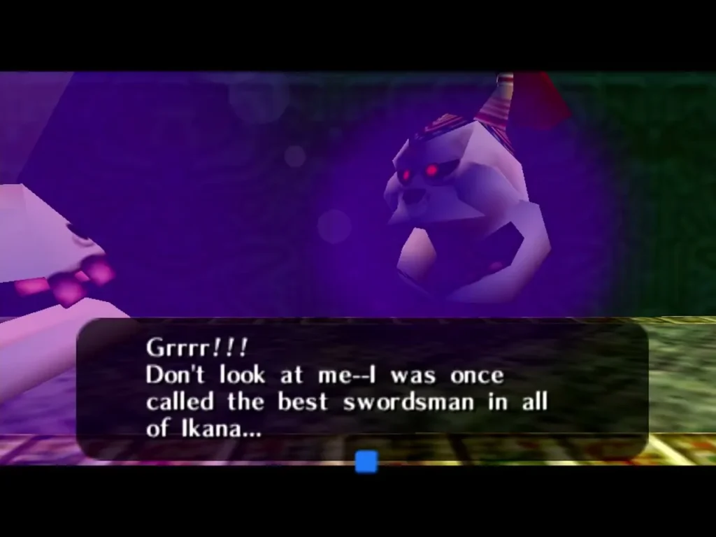 A purple-lit lackey of Igos says he was once called the best swordsman in all of Ikana A purple-lit lackey of Igos says he was once called the best swordsman in all of Ikana