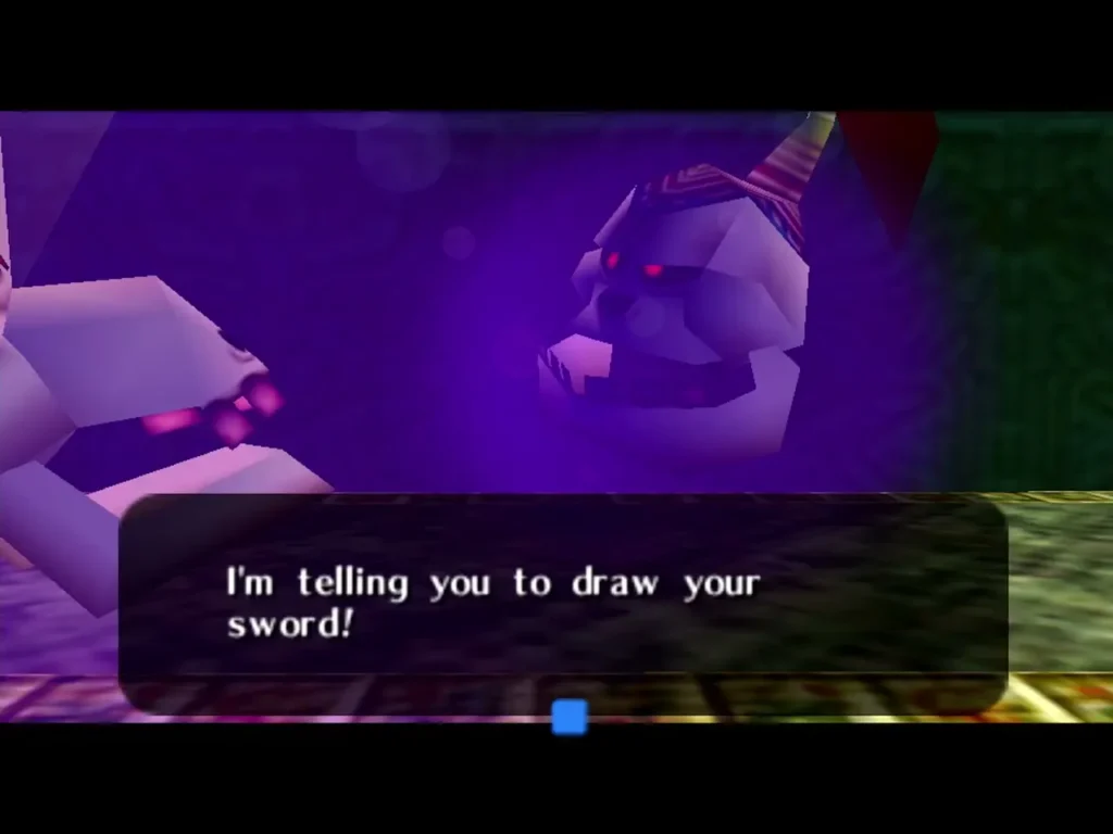 A lackey of Igos in the throne room demands that Link draw his sword A lackey of Igos in the throne room demands that Link draw his sword