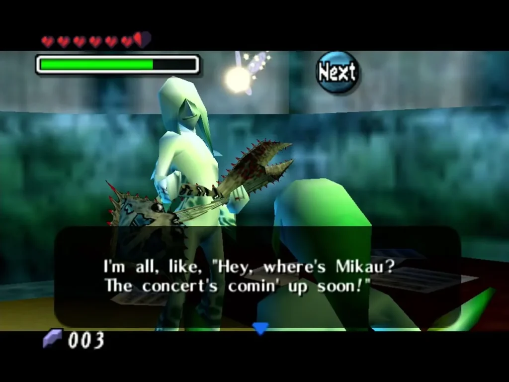 Japas, a Zora holding his bass in Zora Hall, wondering aloud where Mikau is before the concert Japas, a Zora holding his bass in Zora Hall, wondering aloud where Mikau is before the concert