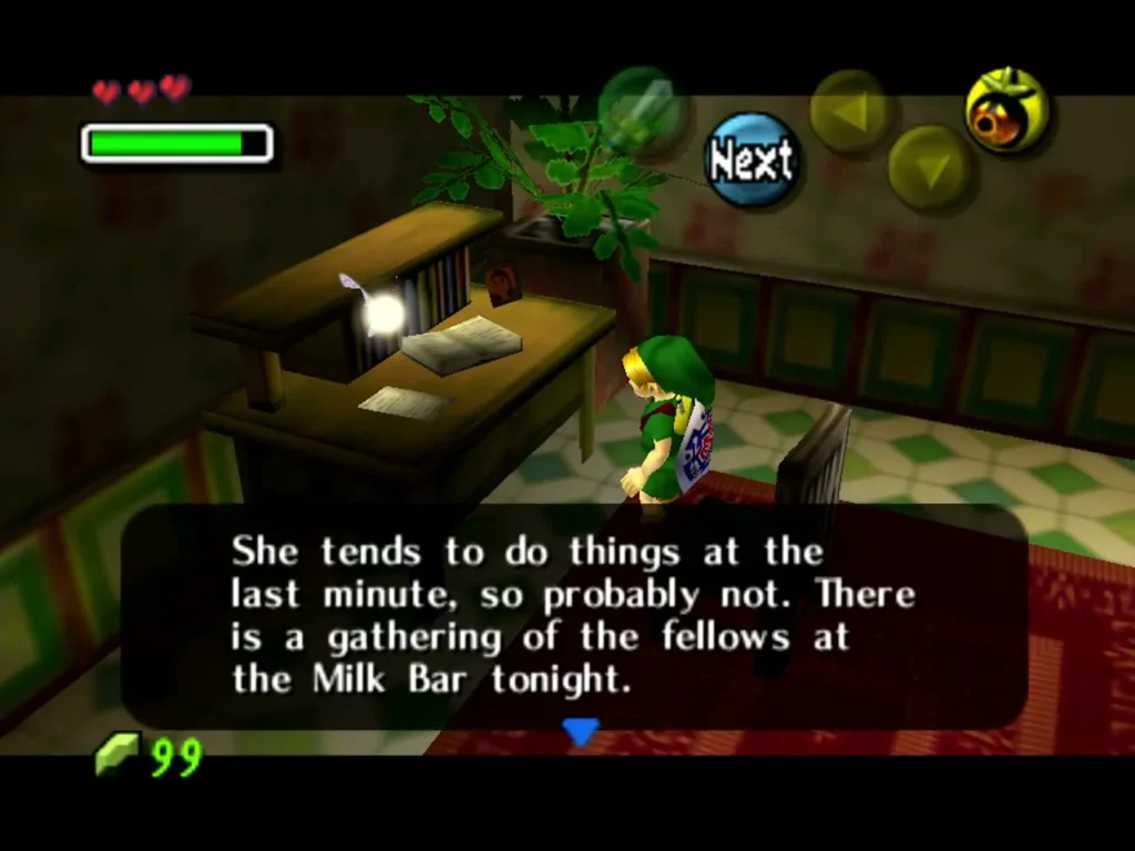Link reading Kafei's diary at a desk, the entry about a gathering at the Milk Bar Link reading Kafei's diary at a desk, the entry about a gathering at the Milk Bar