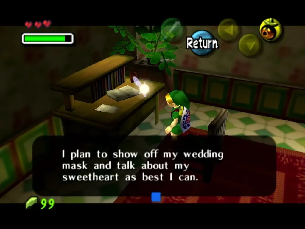 Link at Kafei's desk reading a diary entry about showing off his wedding mask Link at Kafei's desk reading a diary entry about showing off his wedding mask