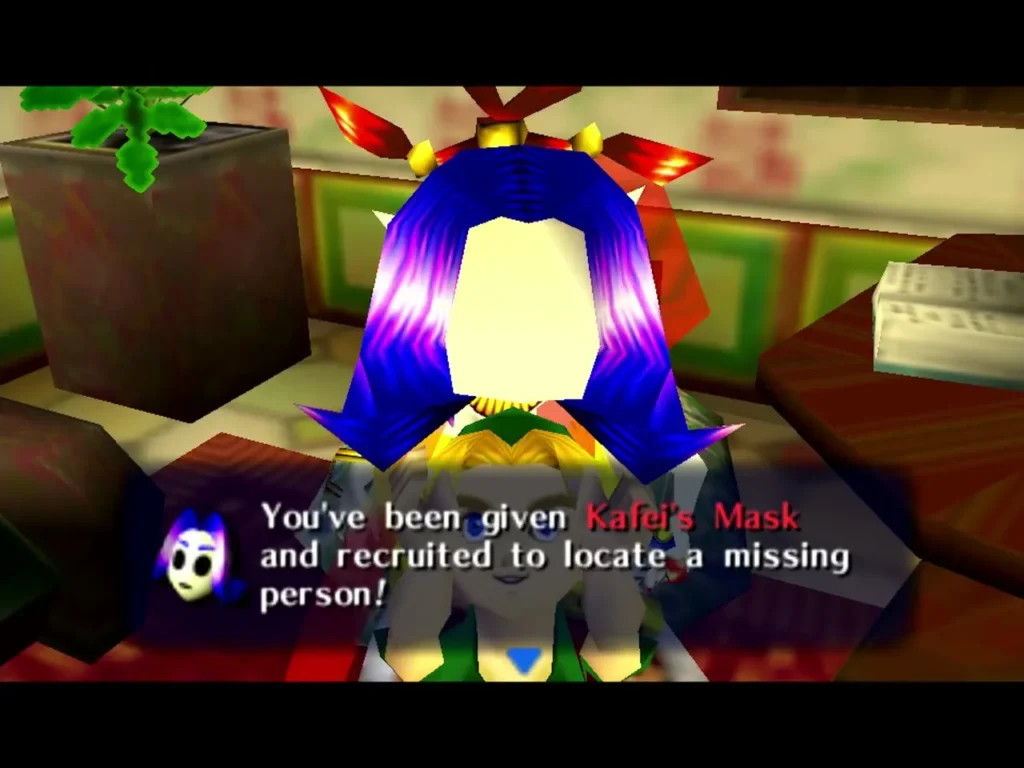 Link wearing Kafei's Mask under a box saying he was given the mask and recruited to locate a missing person Link wearing Kafei's Mask under a box saying he was given the mask and recruited to locate a missing person