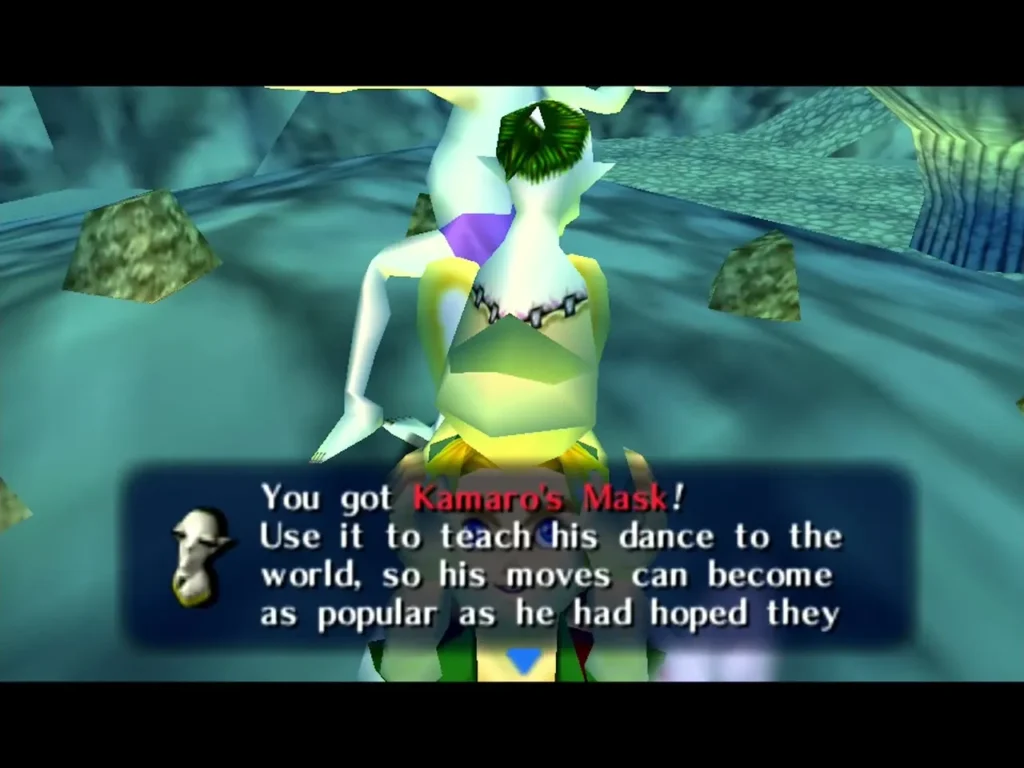 Kamaro's spirit above Link under a box announcing that he got Kamaro's Mask to teach his dance Kamaro's spirit above Link under a box announcing that he got Kamaro's Mask to teach his dance