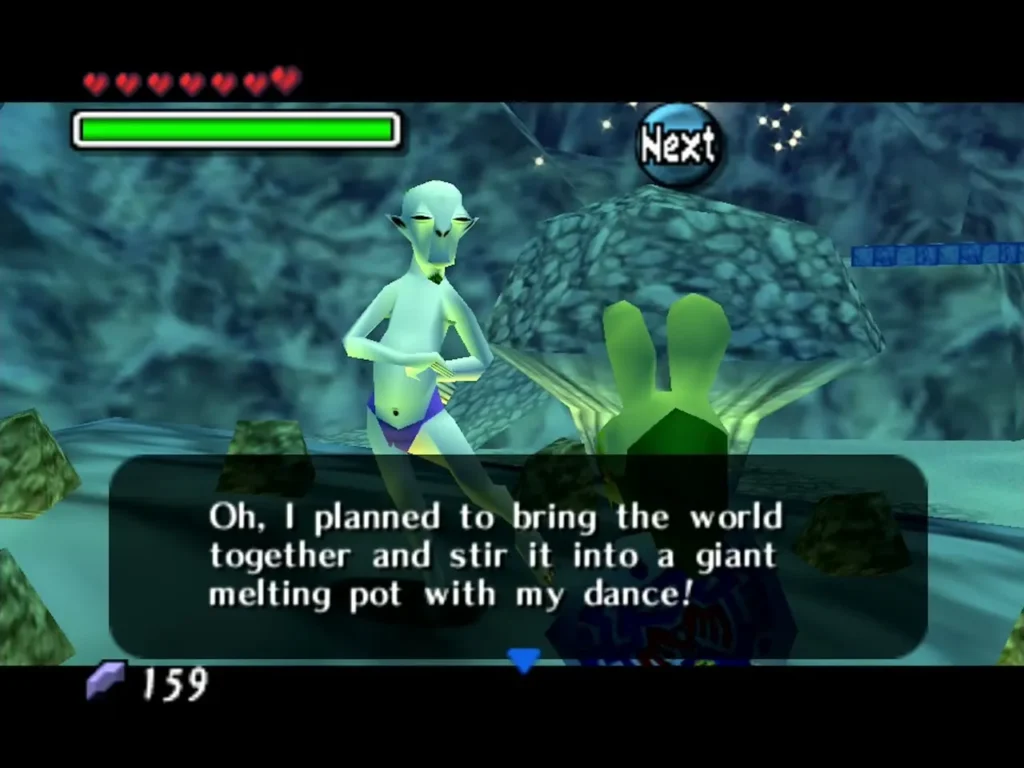 Kamaro, a pale dancing spirit in purple shorts, speaking in a dialogue box in the cave Kamaro, a pale dancing spirit in purple shorts, speaking in a dialogue box in the cave
