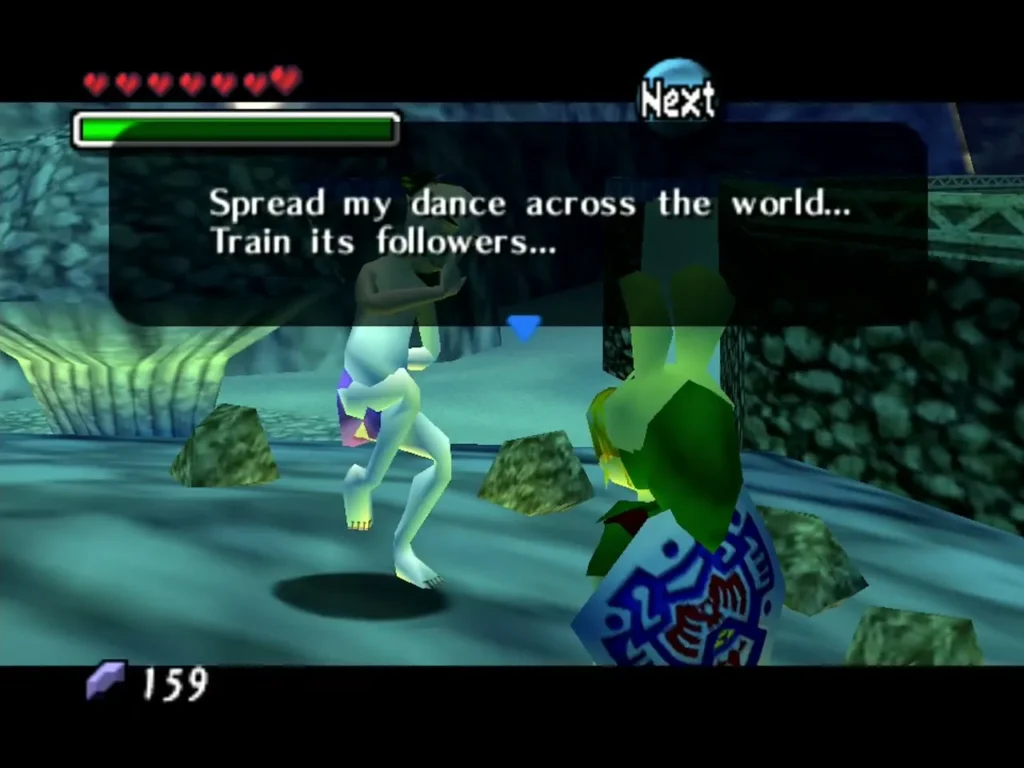 Kamaro dancing in the cave while Hylian Link watches, the box reading Spread my dance across the world Kamaro dancing in the cave while Hylian Link watches, the box reading Spread my dance across the world