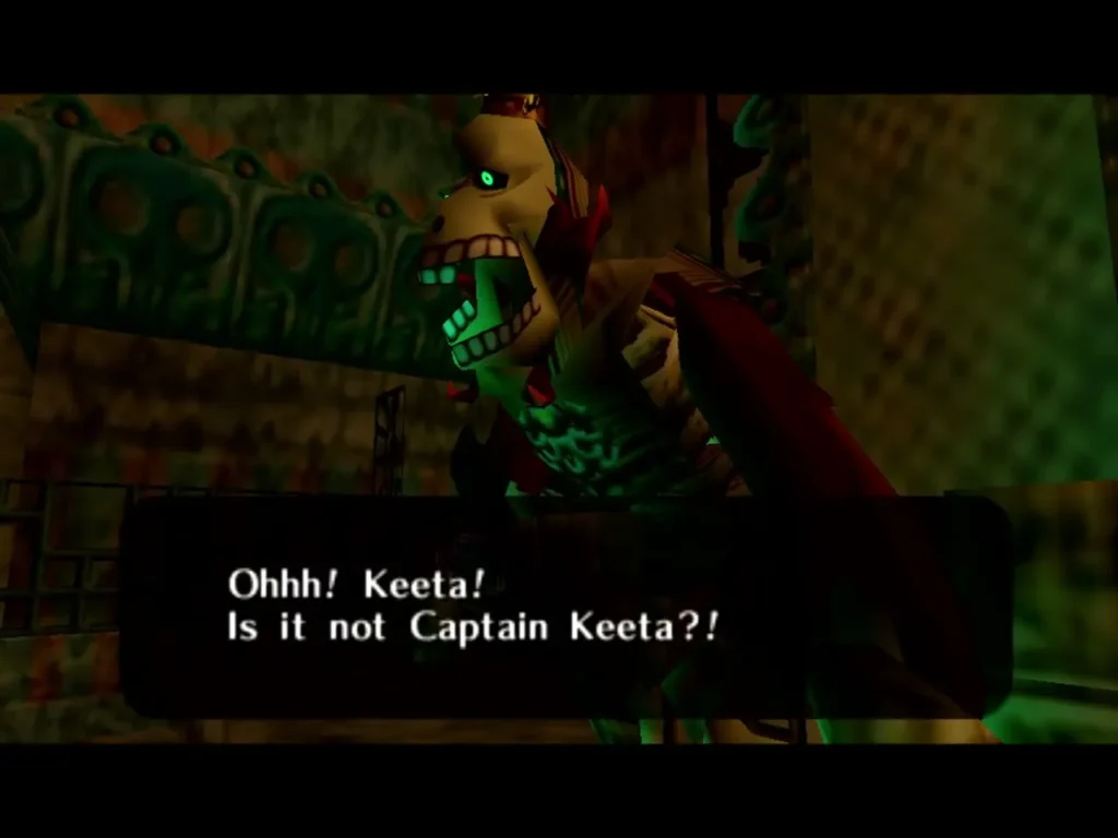 Captain Keeta, a giant skeleton with a green glowing face, is named in a box as Link approaches Captain Keeta, a giant skeleton with a green glowing face, is named in a box as Link approaches