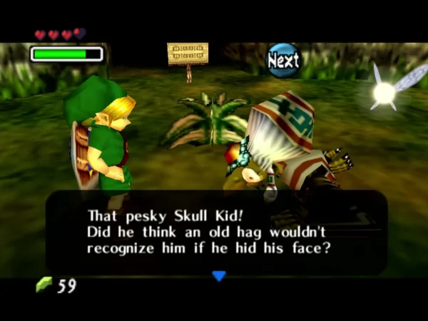 Koume in her striped hood beside Link in the woods, saying Skull Kid hid his face from a hag Koume in her striped hood beside Link in the woods, saying Skull Kid hid his face from a hag