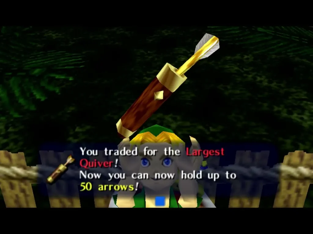 Link holding up the Largest Quiver beneath the box saying he can now hold 50 arrows Link holding up the Largest Quiver beneath the box saying he can now hold 50 arrows