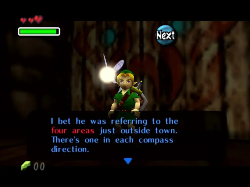 Link with Tatl beside him, her box saying the four areas lie just outside town, one in each compass direction Link with Tatl beside him, her box saying the four areas lie just outside town, one in each compass direction