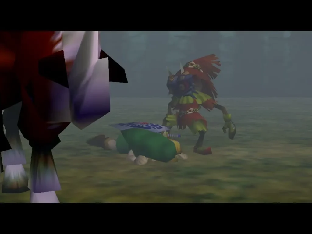Link lying on the grass in the Lost Woods with Skull Kid standing over him Link lying on the grass in the Lost Woods with Skull Kid standing over him