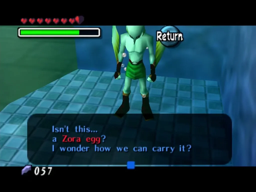 Zora Link on a blue-tiled floor asking whether something is a Zora egg and how to carry it Zora Link on a blue-tiled floor asking whether something is a Zora egg and how to carry it