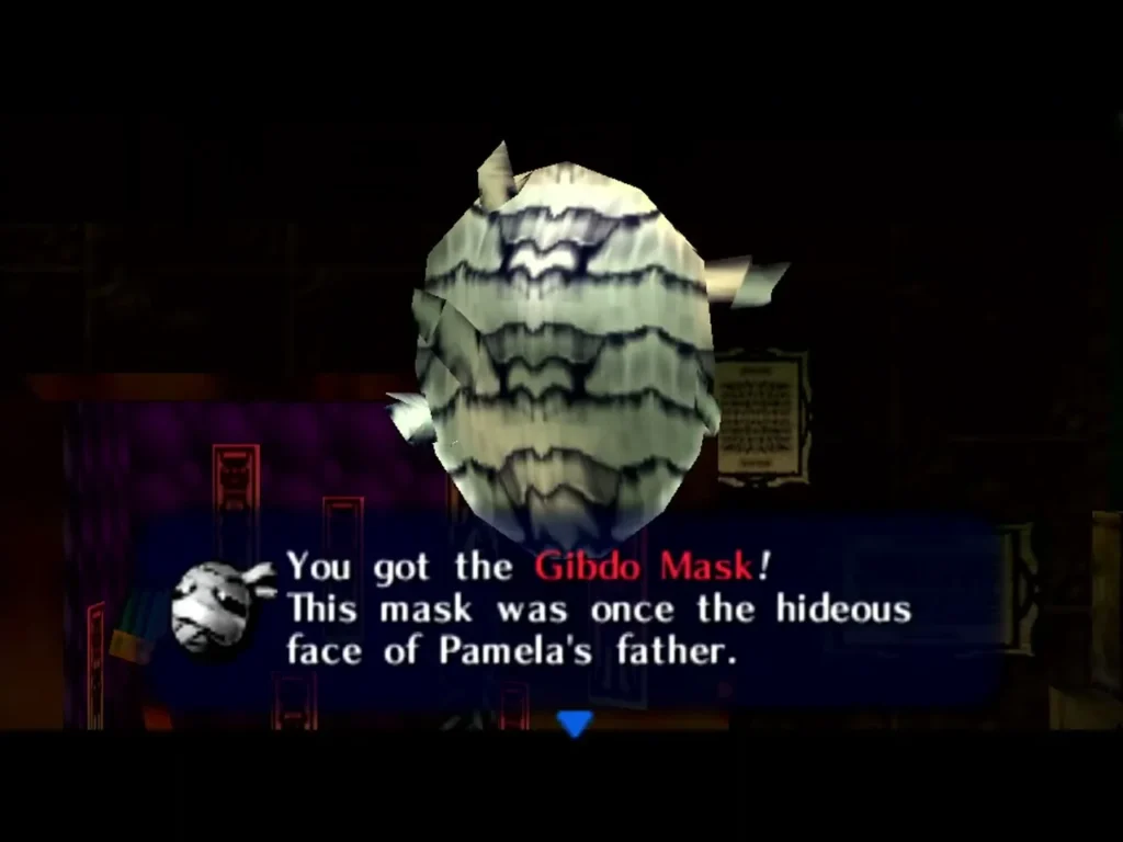 The Gibdo Mask floats in the house, its box reading You got the Gibdo Mask, once the hideous face of Pamela's father The Gibdo Mask floats in the house, its box reading You got the Gibdo Mask, once the hideous face of Pamela's father